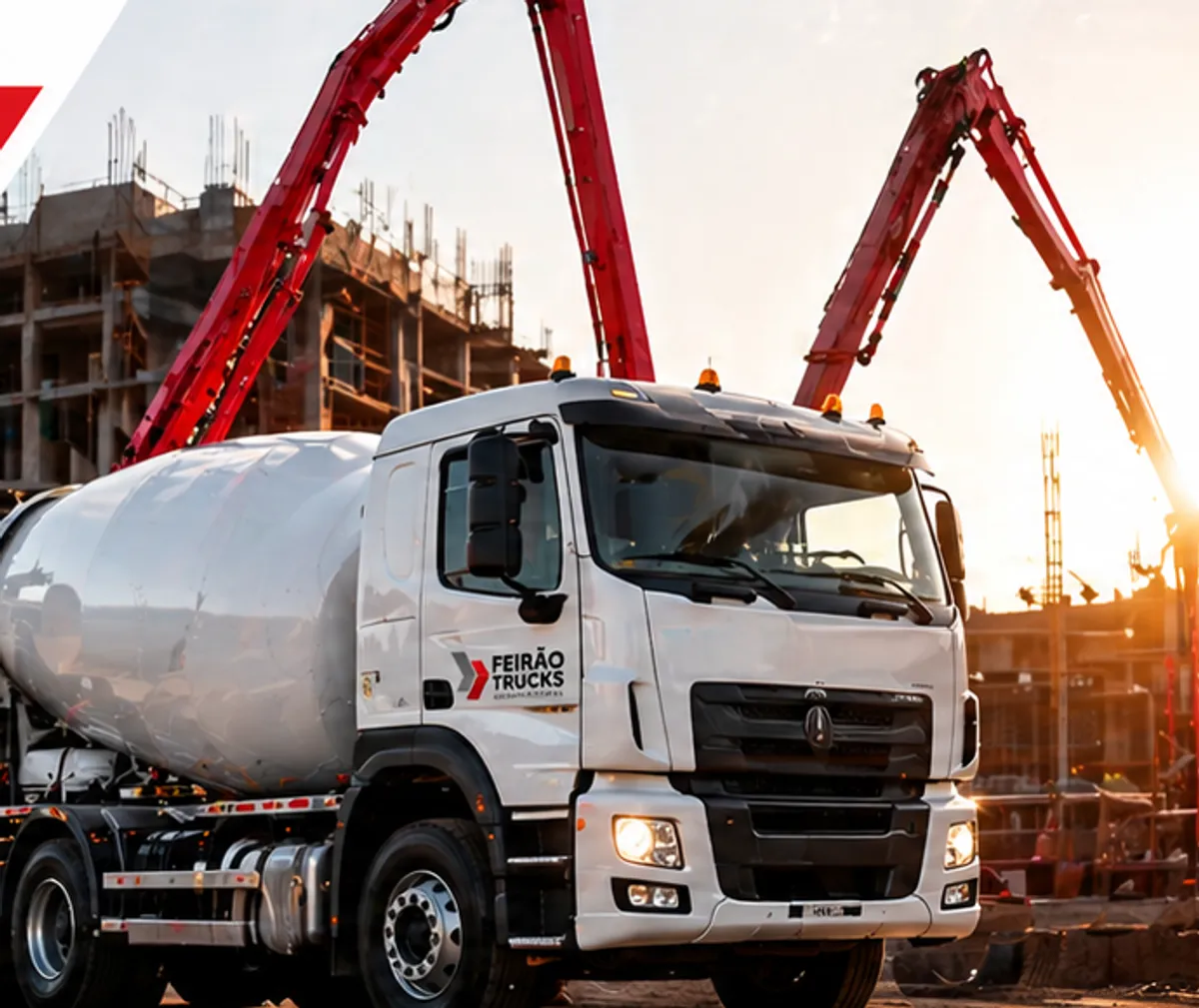 Caminhão bomba de concreto Feirão Trucks em obra ao entardecer